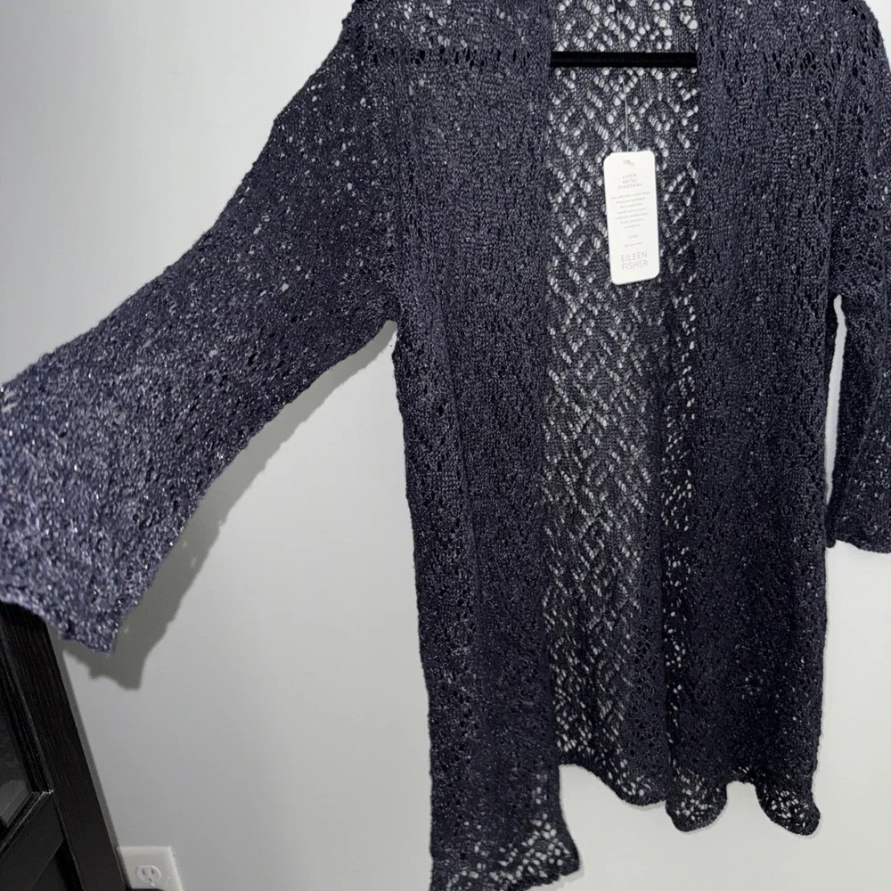 eileen fisher cardigan Sz Med Linen Metal Diagonal $238 New NWT Wedding Navy Bl - Picture 2 of 12